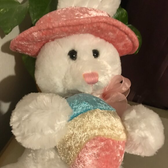 Soft Classics white stuffed bunny with colorful easter egg, hat and ribbon scarf - Picture 7 of 11